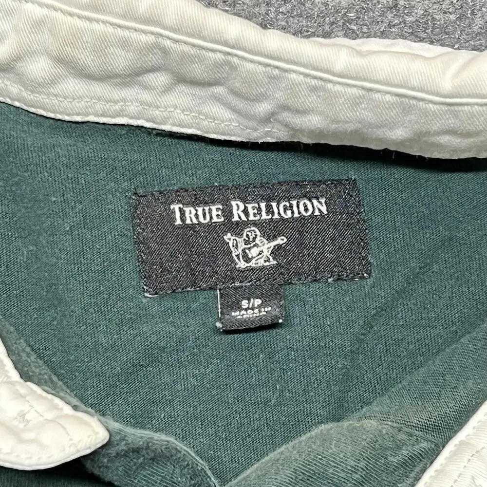 True Religion Rugby Polo Shirt Mens Small Green Blue Colorblock Logo Cotton
